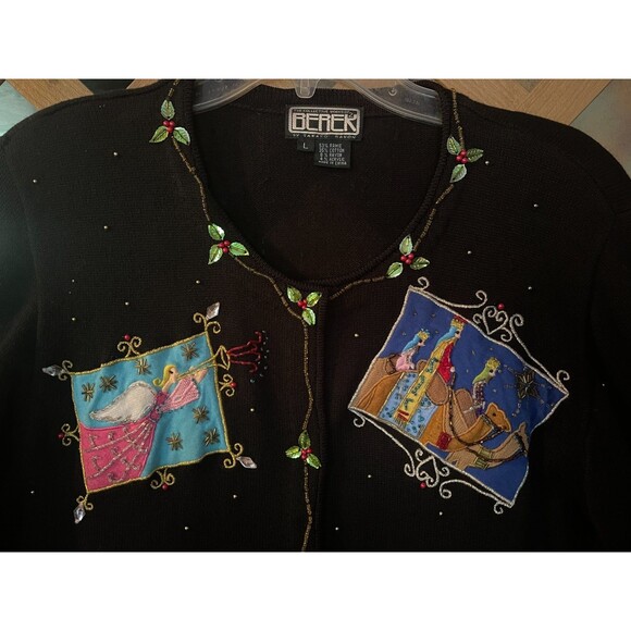BEREK 2 Takako Sakon Angels Nativity Bejeweled Sequined Black Sweater Vintage L - Picture 2 of 12